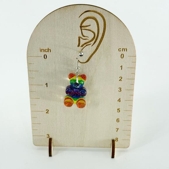 Glitter Rainbow Gummy Bear Earrings, Gummy Bear Inspired Dangle Earrings - Picture 3 of 4